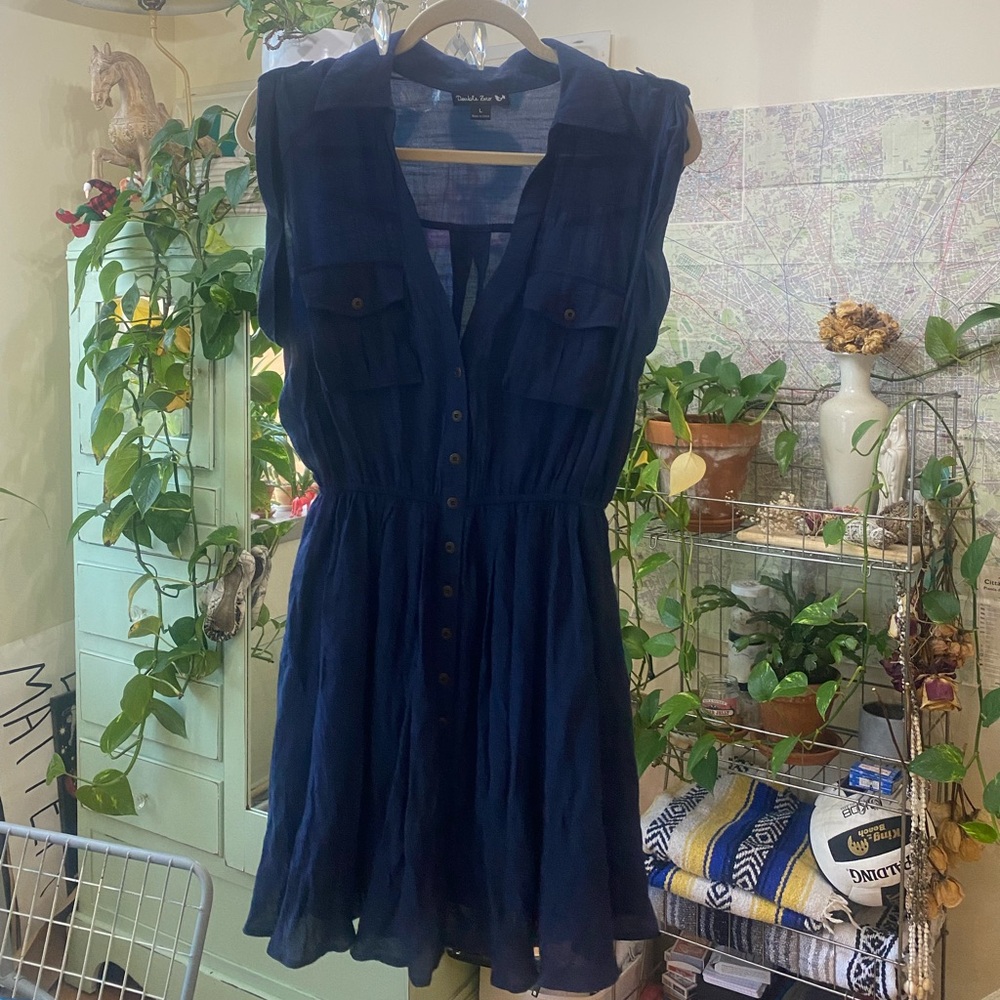 Double Zero Navy Sleeveless Button Front Shirt Dress Size L